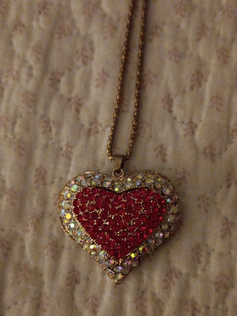 Gold-Tone Heart Pendant Necklace with Red and Iridescent Crystals